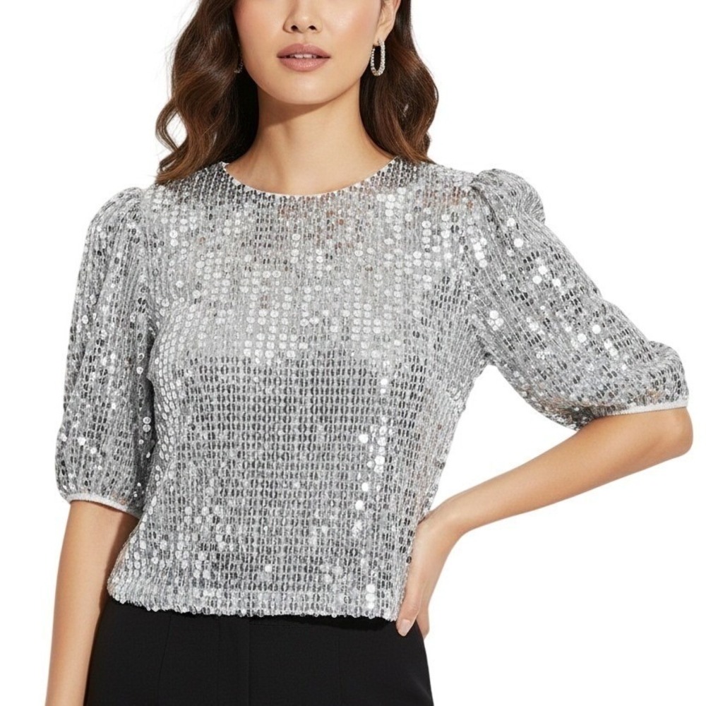 NWT ASOS Sequin Puff Sleeve Round Neck Top Silver Glam Party NYE Holiday Size 2
